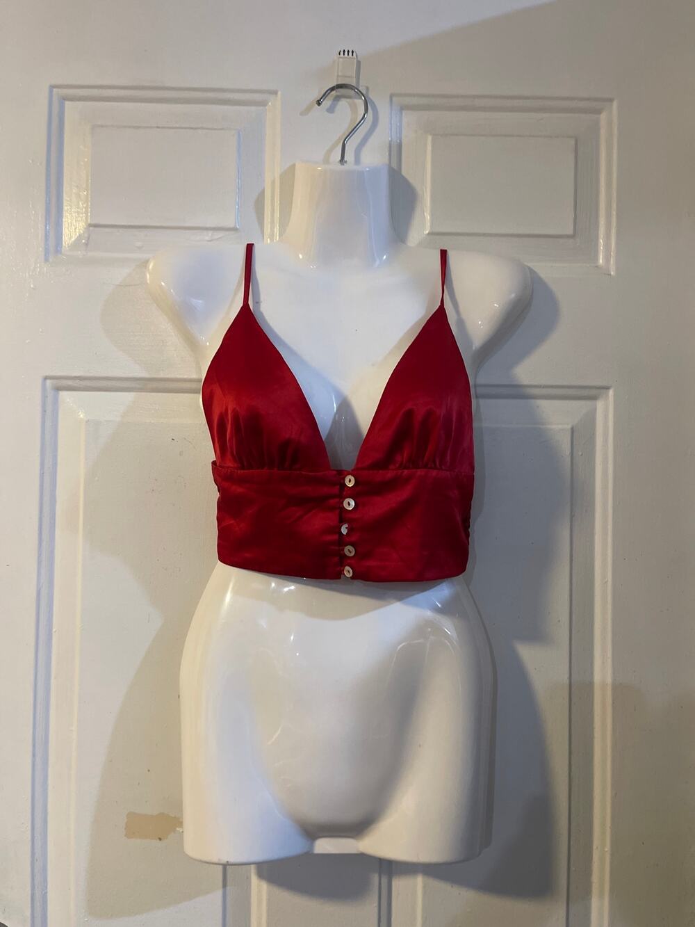 Forever 21 Red Satin Crop Smoked Spaghetti Tank Top S Smoked Y2K Flirty Romantic